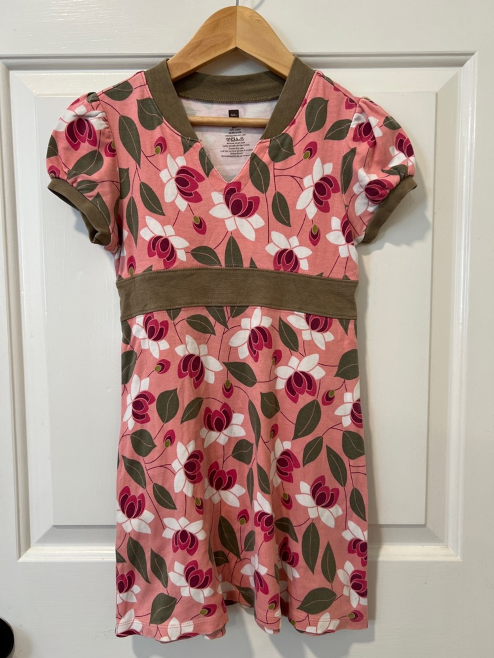 Tea Collection Pink Floral Dress with Olive and White Accents